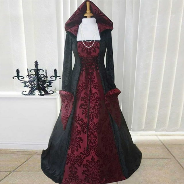 Women's Gothic Ruffle Bell Sleeve Corset Halloween Costume Plus Size Dress Pattern Print Necklace Trim Dress