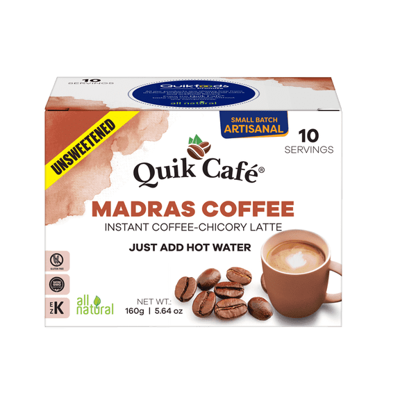 QuikCafé Instant Unsweetened Madras Coffee Latte – 10 Count, Rich aroma of coffee and chicory. No added sugar. All-Natural Ingredients, Preservative-Free – Just Add Hot Water, Kosher, Gluten Free