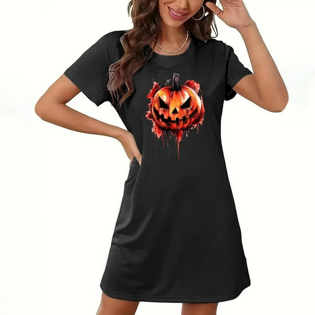 Pyjamas d'Halloween pour Femmes, Grande Taille, Robe de Nuit Courte avec Imprimé Poitrine et Col Rond, Tissu Polyester Doux pour un Sommeil Confortable Ou Tenue Décontractée
