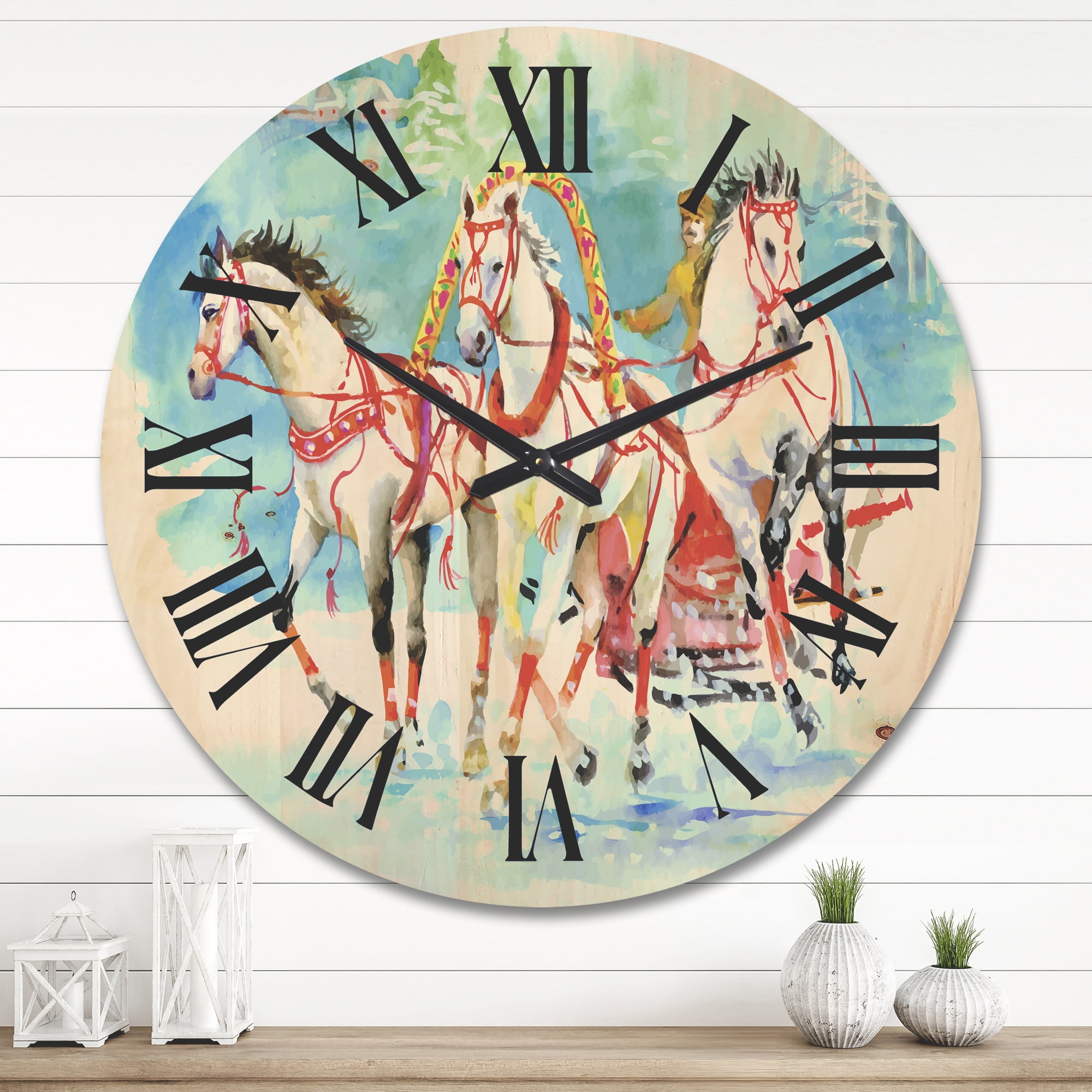 Designart 'Carriage In The Snow With Galoping Horses' Farmhouse Wood Wall Clock