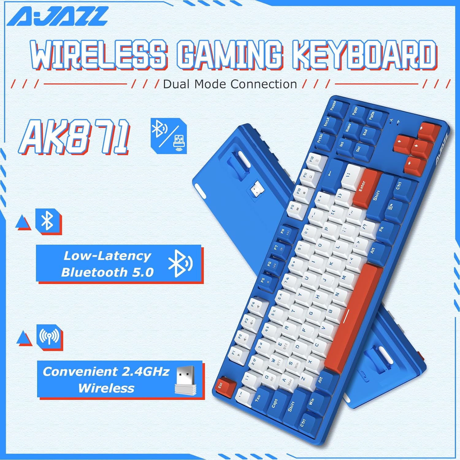 AJAZZ Wireless Mechanical Keyboard, Dual Mode BT5.0/2.4G with 87 TKL Hot Swap Bluetooth Gaming Keyboard,Detachable Frame,USB Hub for PC(Red Switch)