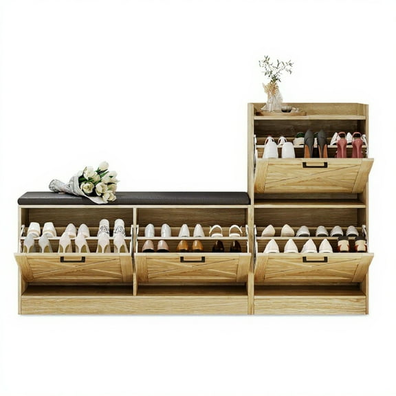 Garvee Shoe Storage Bench, 68.5 x 11.8 x 36.4", with 4 Flip Drawers & Padded Seat Cushion, Oak