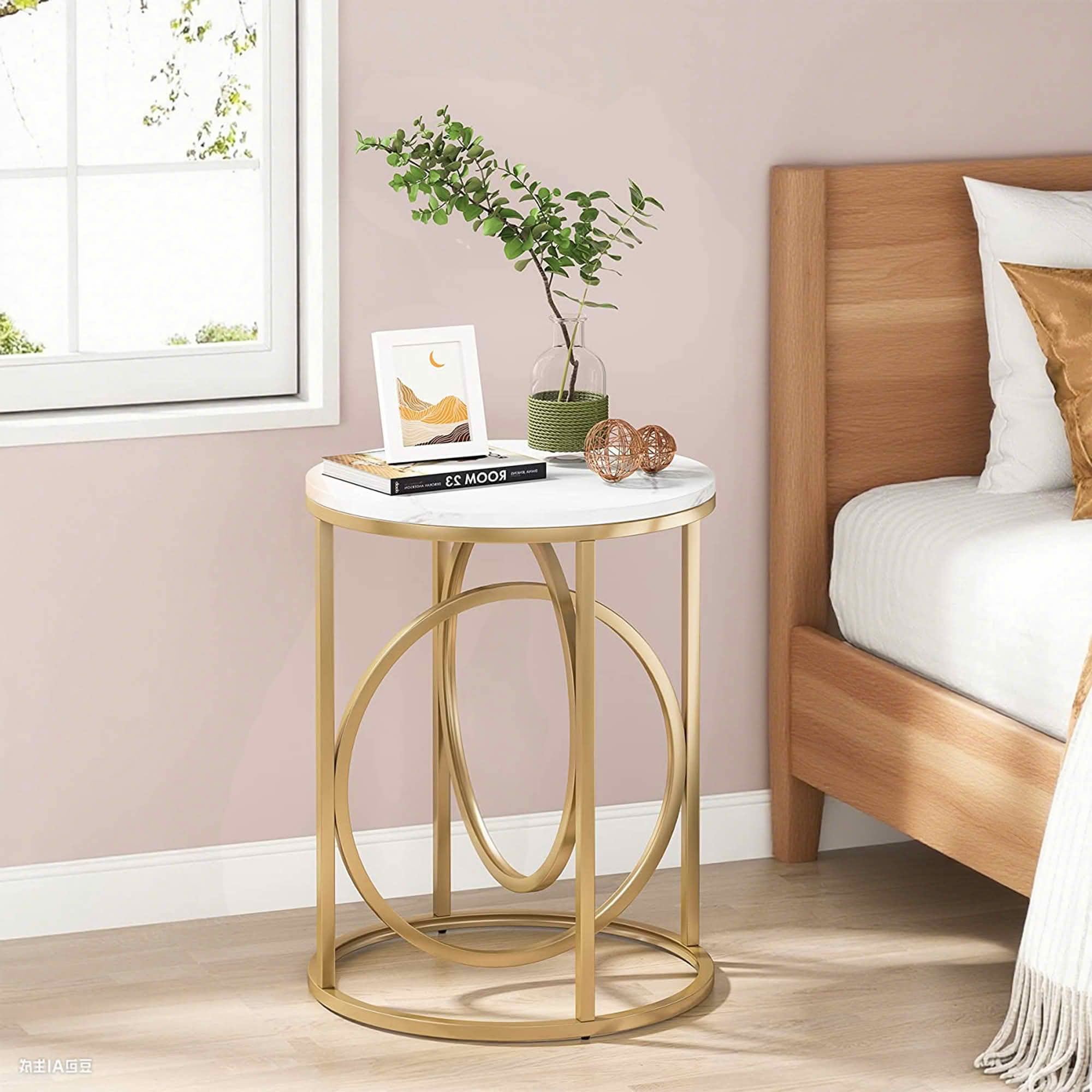 MAYEERTY 19.7" Round Modern End Side Table, White Faux Marble MDF Top Golden O-Shaped Thick Steel Frame Nightstand with Anti-Slip Floor Pads
