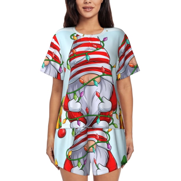 Balery Funny Christmas Gnome Conjunto de Pijama para Mujer con Estampado, Dos Piezas de Manga Corta y Shorts, Ropa de Dormir Suave con Cuello Redondo y Bolsillos-Medium