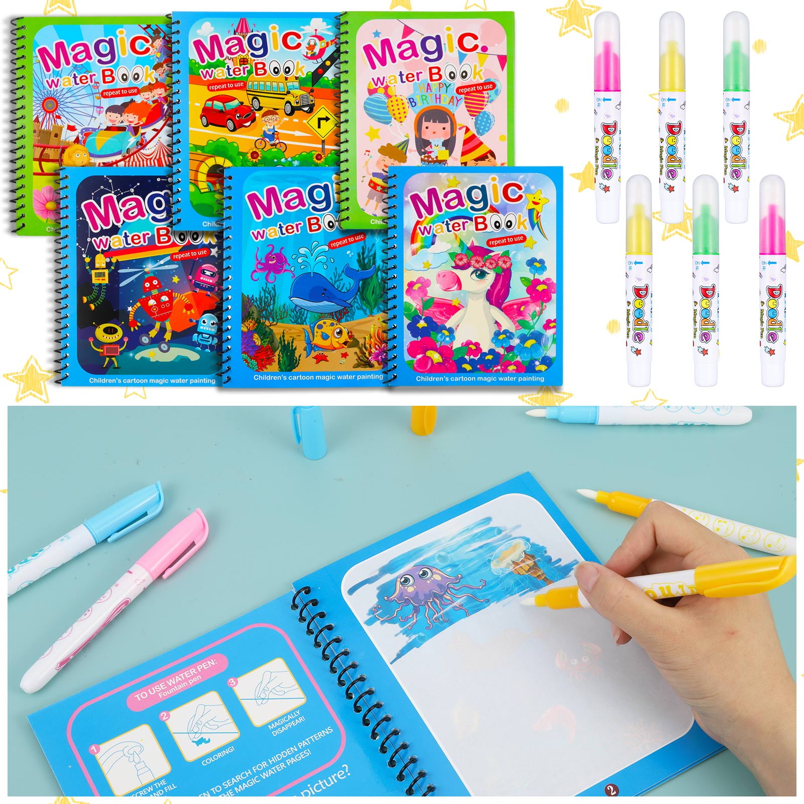 HEQUSIGNS 6Pcs Magic Water Coloring Books, Reusable Painting Books with Water  Drawing Pen, Educational Coloring Drawing Books Gifts for Kids Toddlers 3+  