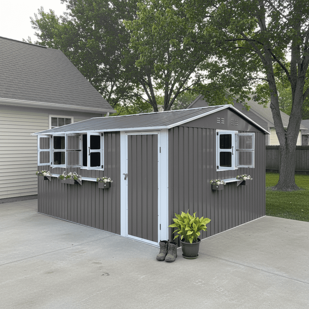 Mintazer 12×10ft Metal Outdoor Storage Shed with Lockable Door & 3 Windows, Weatherproof Garden Tool Shed with Flower Baskets, Gray