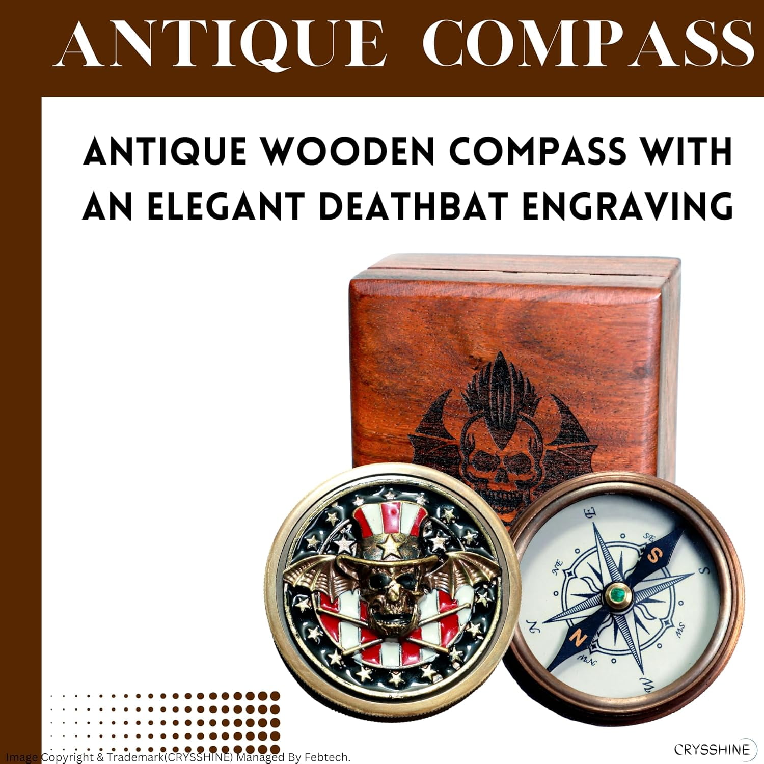Navy Collection Compass with Wooden Box Skull and Deathbats Engravings | Antique Finish Collectors' Item with Compass Lid and Unique Patriotic Design