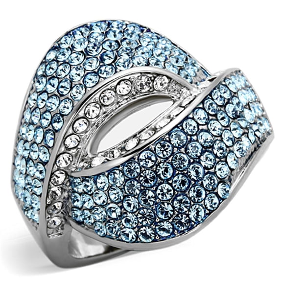 High polished (no plating) Stainless Steel Ring with Top Grade Crystal in Sea Blue for Women Sea Blue Stone Color Style TK1303 Size 10