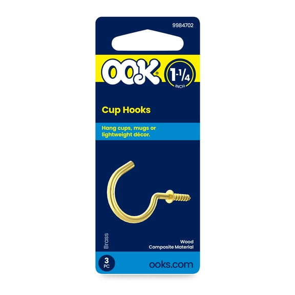 Ook Cup Hooks, 1-1/4", 1 lbs, Screw Hooks, Steel, Brass Finish, Gold, 3 pack