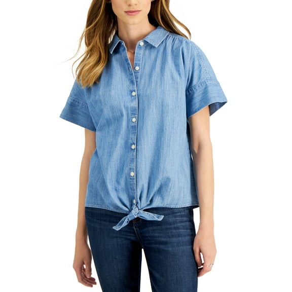 Style & Co Womens Tie Front Top Lt Chambray 2XL