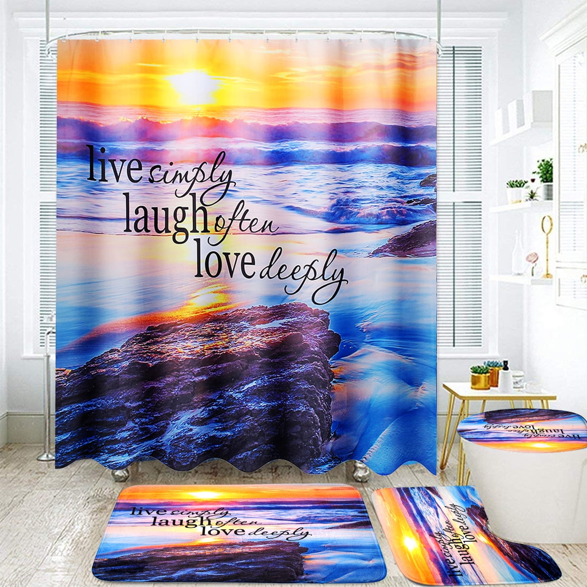 4 Pcs Unicorn Bathroom Rug Shower Curtain Skidproof Toilet Lid Cover Bath mat 