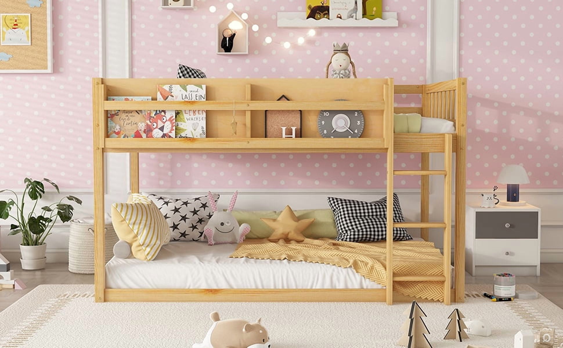 HOQBN Bunk Bed Twin Over Twin,Solid Wood Low Floor Bunk Bed with Ladder,Natural