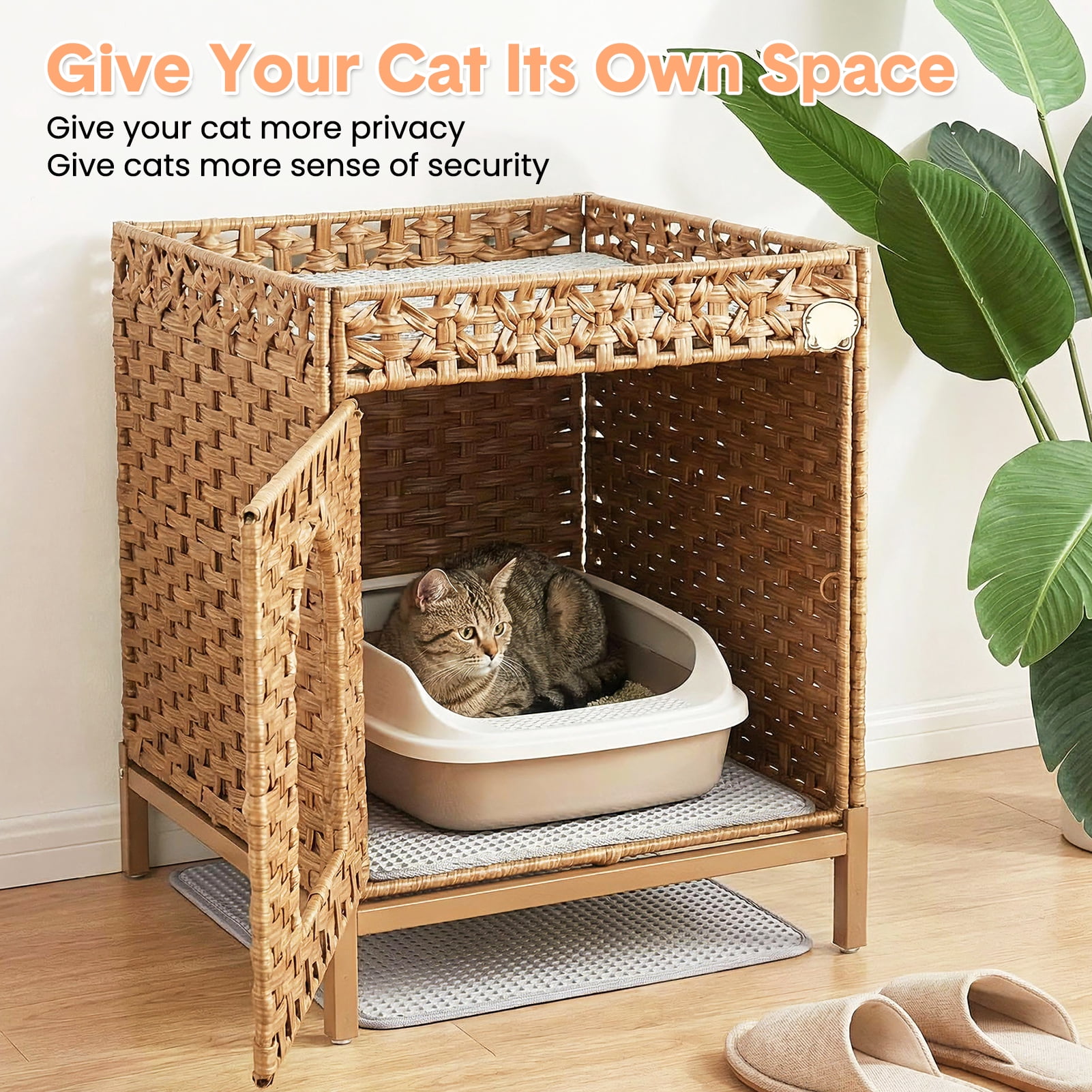 Hidden Cat Litter Box Furniture with Rattan Handwoven Design, Elevated Metal Feet, Enclosed Cat House for Bedroom and Living Room