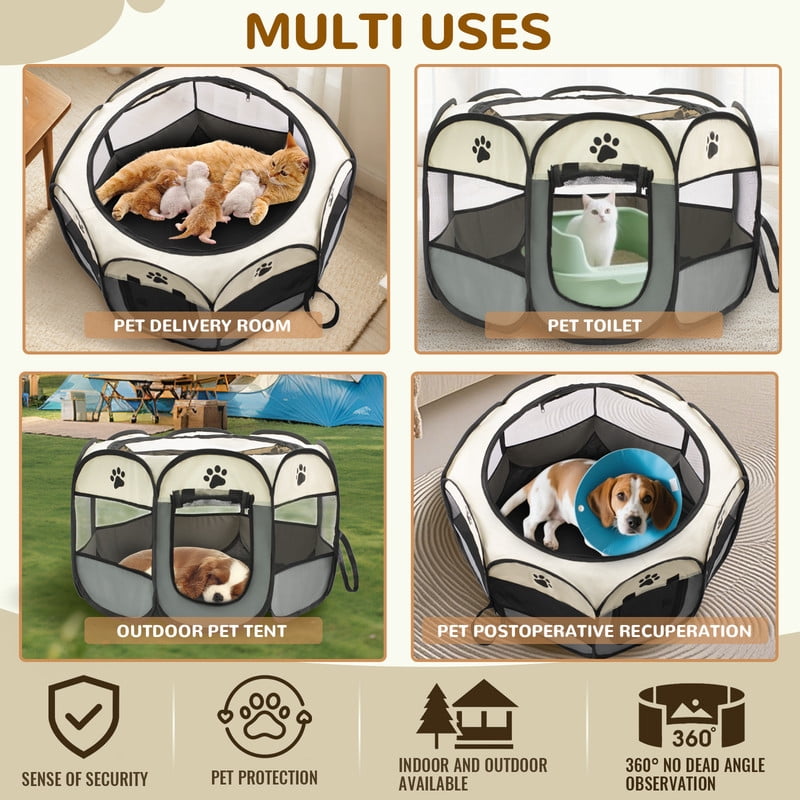 Foldable Octagon Pet Playpen Tent, Oxford Cloth Scratch-Resistant, For Cats & Dogs, 360° Ventilation, Grey，S