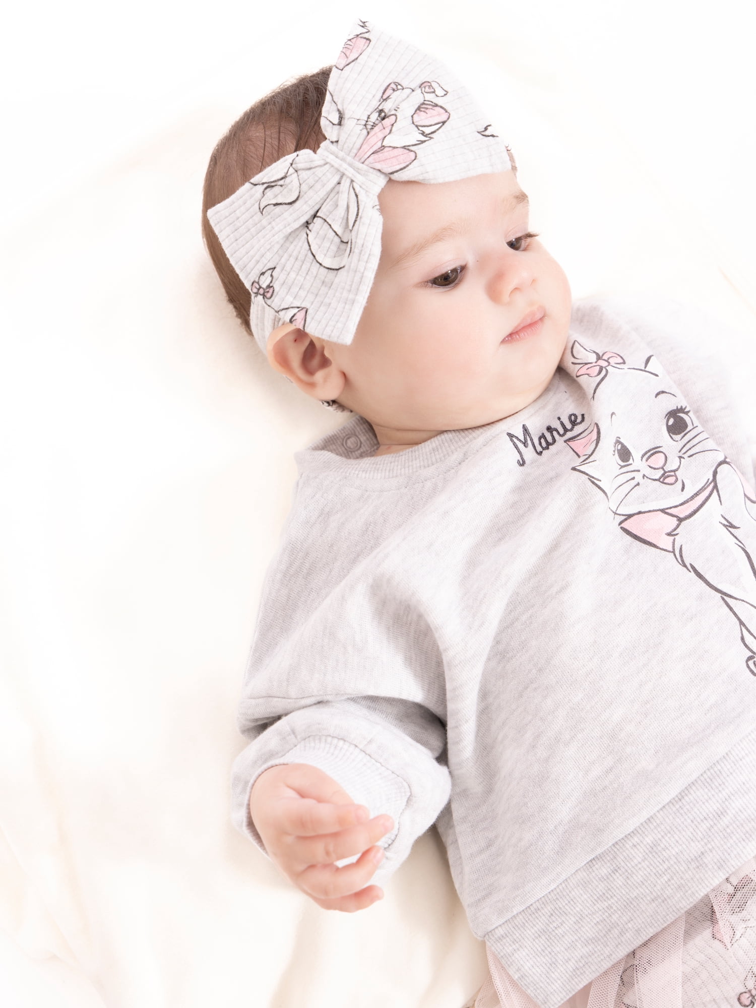 The Aristocats Marie Baby Girls Graphic Tulle Sweatshirt and Printed Leggings with Bow Headband Set, 3-Piece, Sizes 0/3M-24M