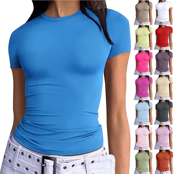 DailkTrvid Women's Crew Neck Pullover Casual Tops Slim Fit T-Shirt Stretchy Form Soft Lightweight Summer Blouses Short Sleeve Basic Tee Fitting Knit Shirts for Daily