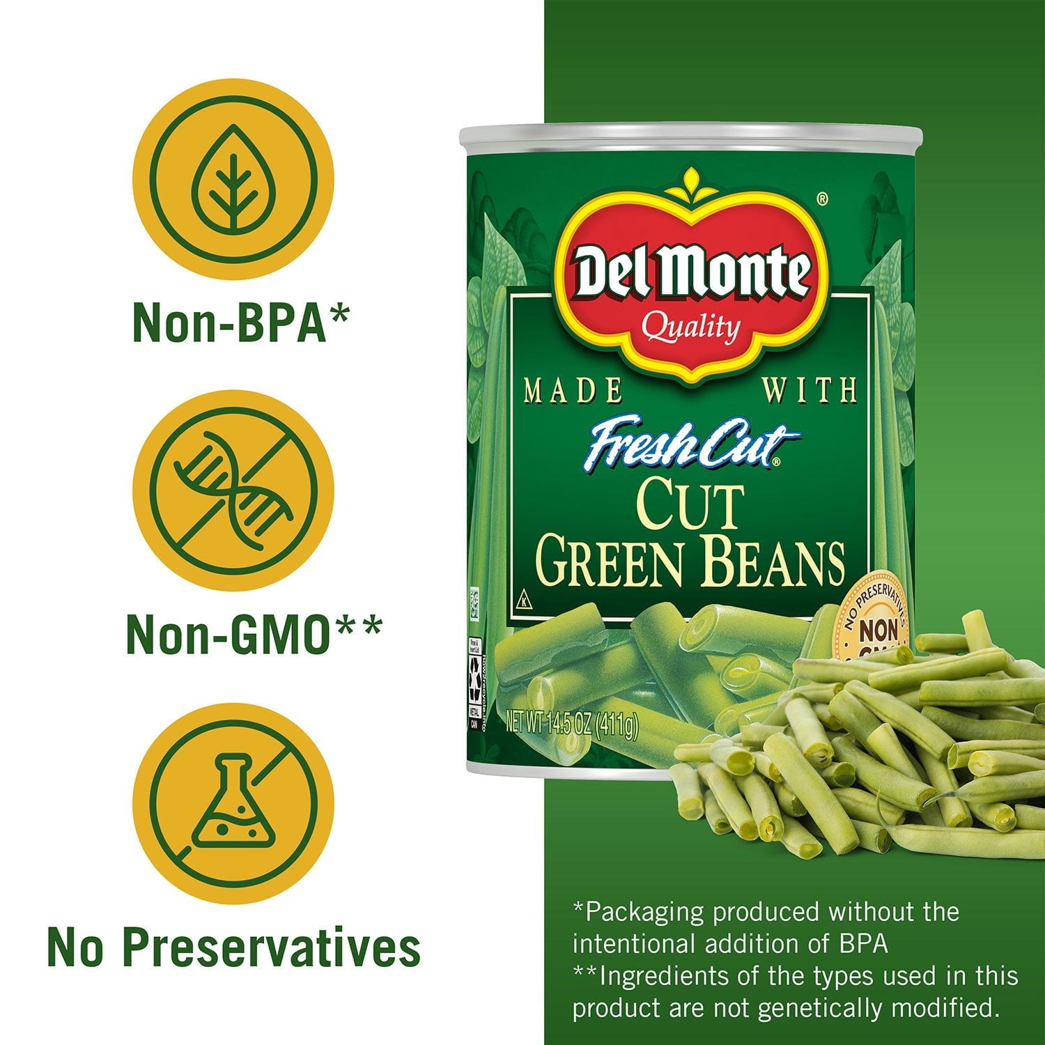 Del Monte Cut Green Beans, Freshly Packed Canned Vegetables, 14.5 oz., 8 pk. With White Bowl By OMA