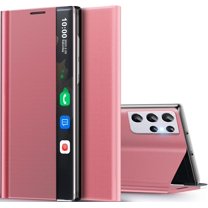 for Samsung Galaxy S21 Ultra 5G Case Clear View Window Smart Slim for Samsung S21 Ultra Case Luxury Mirror Hard PC Kickstand Leather Flip Shockproof Galaxy S21 Ultra Cover (Flesh Pink)