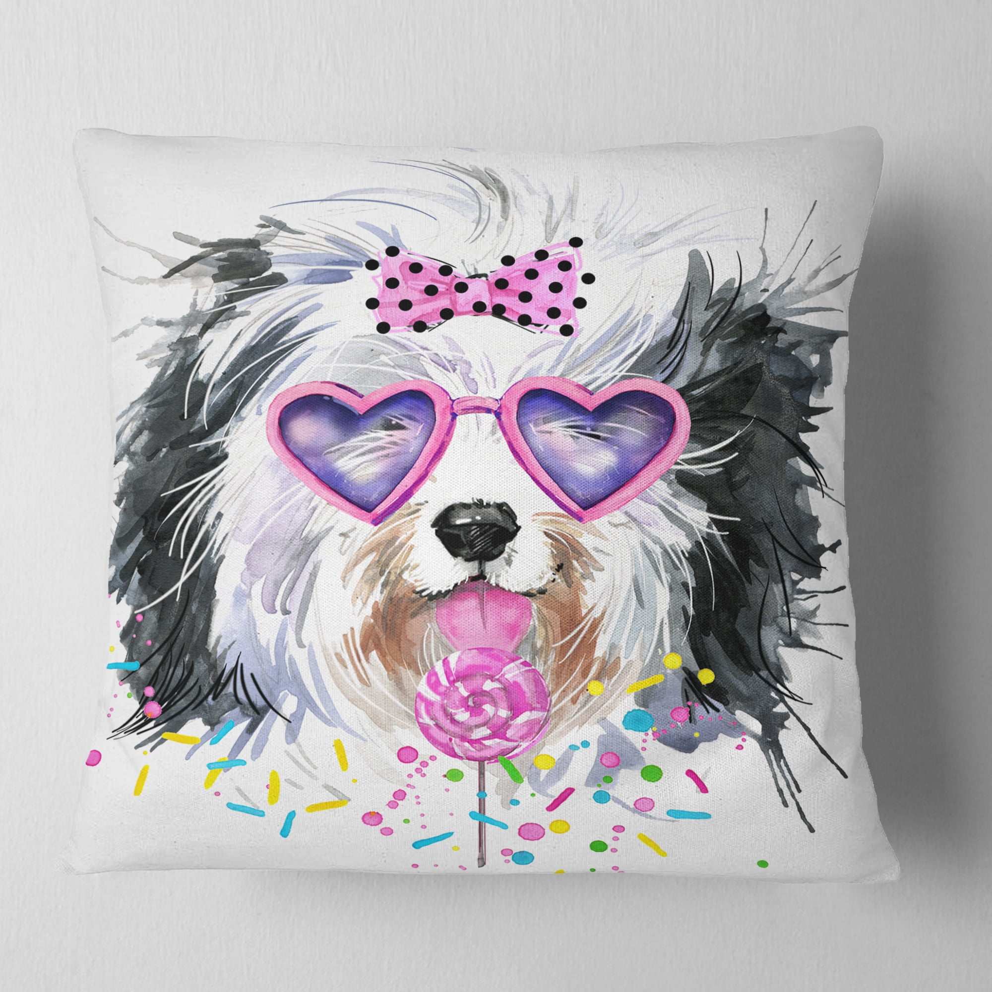 Designart Lovely Dog with Pink Heart Glasses - Contemporary Animal Throw Pillow - 18x18