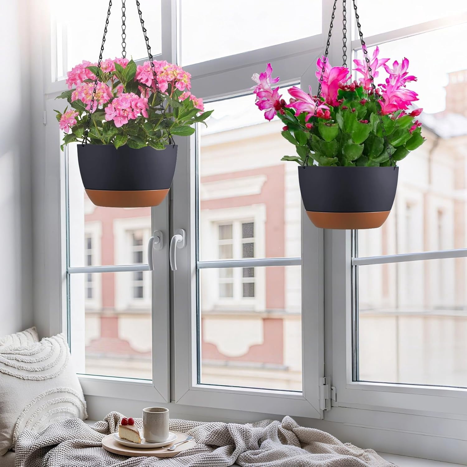 Set of 2 Hanging Planters for Indoor Outdoor Plants, 10 Inch Self-Watering Hanging Flower Pots with Drainage Hole & Removable Water-Storage Tray (Hooks)
