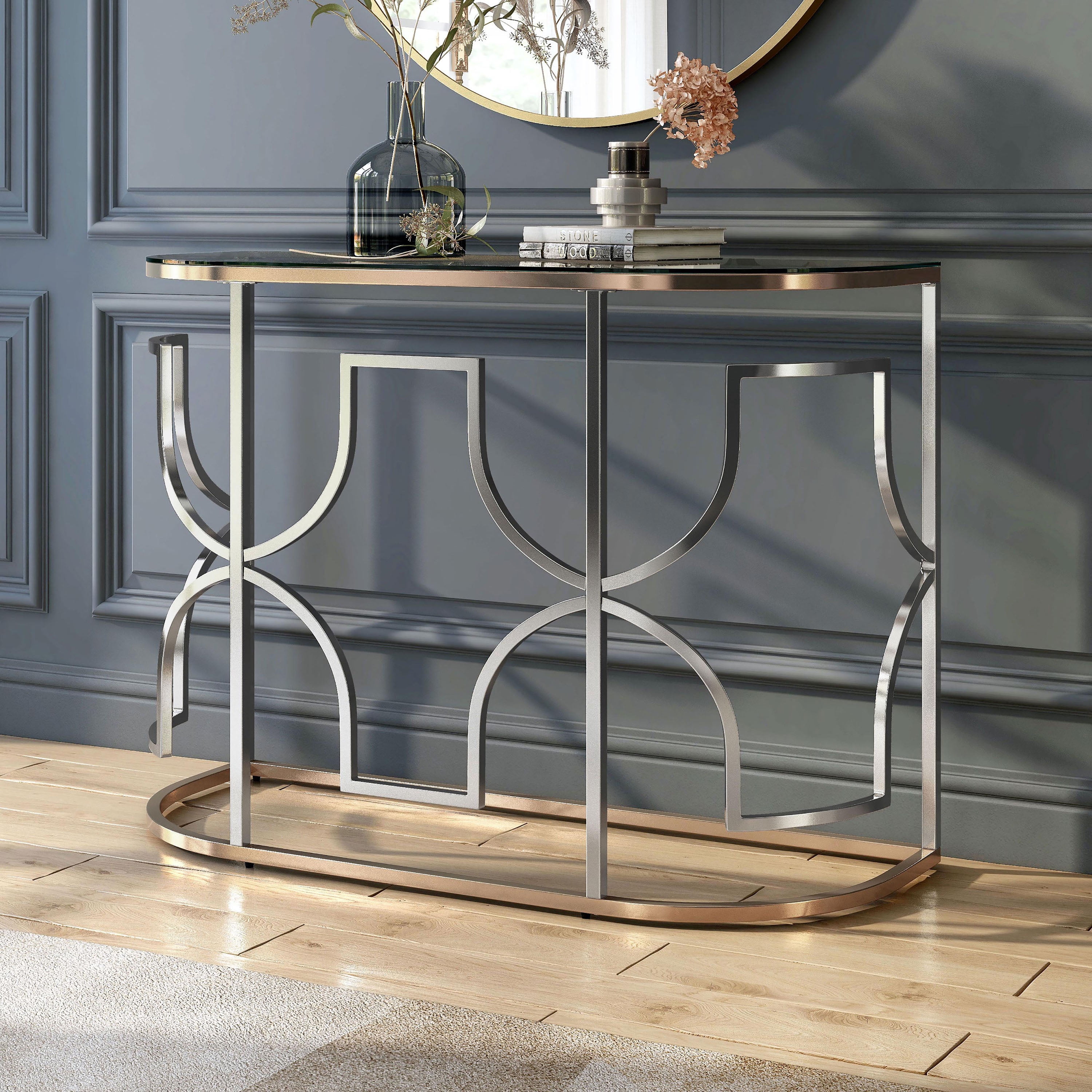 Furniture of America Eulle Half-Circle Glass Top Chrome and Gold Sofa Table