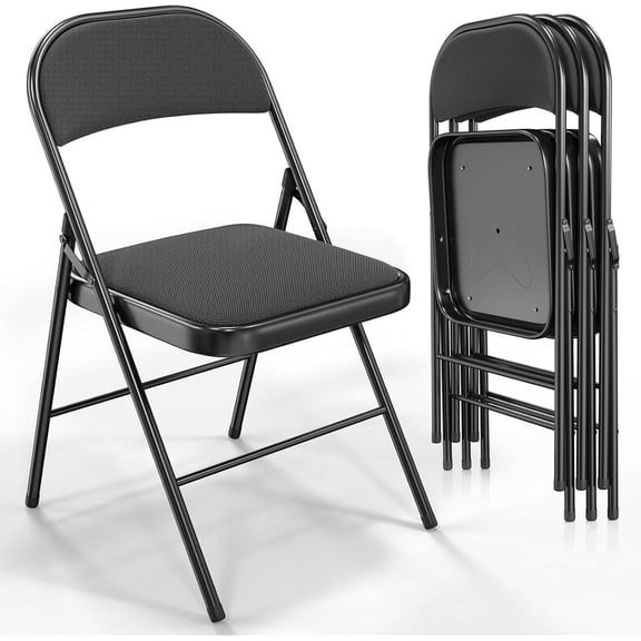 4-Pack Folding Chairs with Padded Seats, Metal Frame, Black, Set of 4