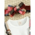 thumbnail image 5 of Gureui Toddler Infant Baby Girls Spring Autumn Clothes Set, Solid Ribbed Long Sleeve Ruffled Romper + Plaid Print Suspender Skirt + Headband, 5 of 9