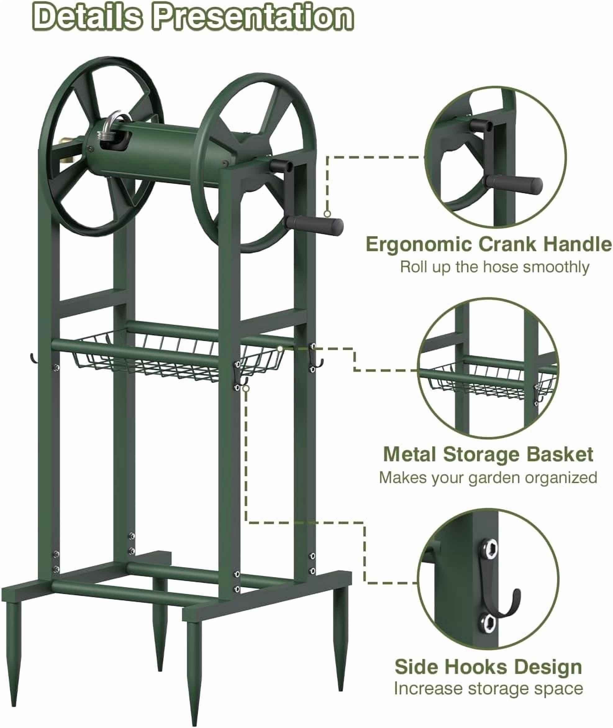 Freestanding Garden Hose Reel holds 125ft Hose of 5/8" with 4 Hooks, 4-Spike Outdoor Hose Holder with 3.9ft Leader Hose & Brass Fitting, Detachable Metal Hose Stand with Storage Rack, Green
