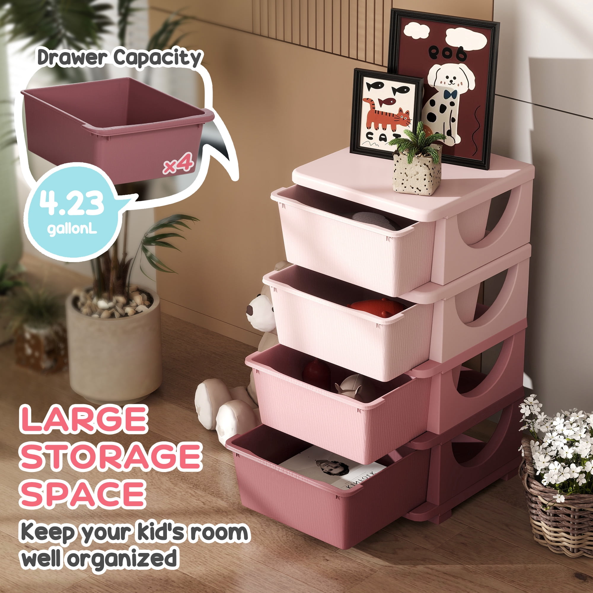 Qaba 4 Tier Kids Storage Unit Dresser Tower with Drawers Chest Toy Organizer for Bedroom Nursery Kindergarten Living Room for Boys Girls, Pink