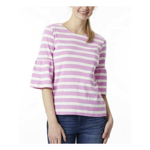 JONES NEW YORK Womens Pink Striped Bell Sleeve Round Neck Top L