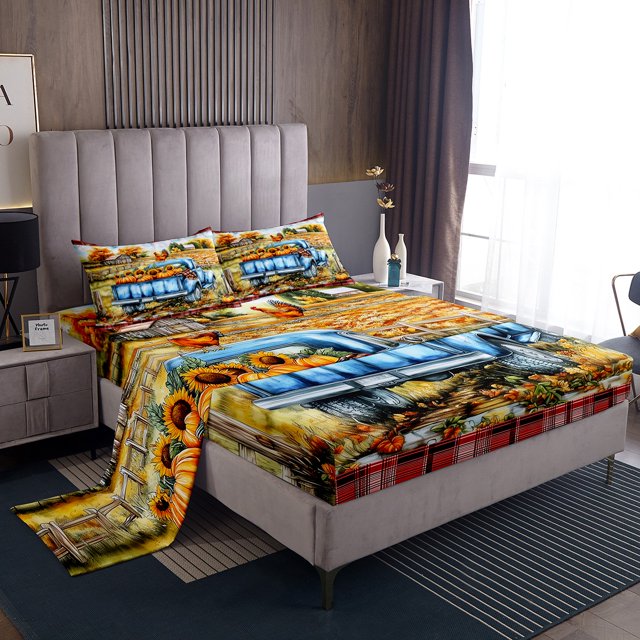 YST Draps de Lit Camion de Ferme Campagnard Action de Grâce Récolte Citrouille Tournesol Ensemble de Draps Automne Draps de Lit Très Grand pour Enfants Adultes Rétro Rustique Ferme Chalet Ensemble de Draps 4 Pcs