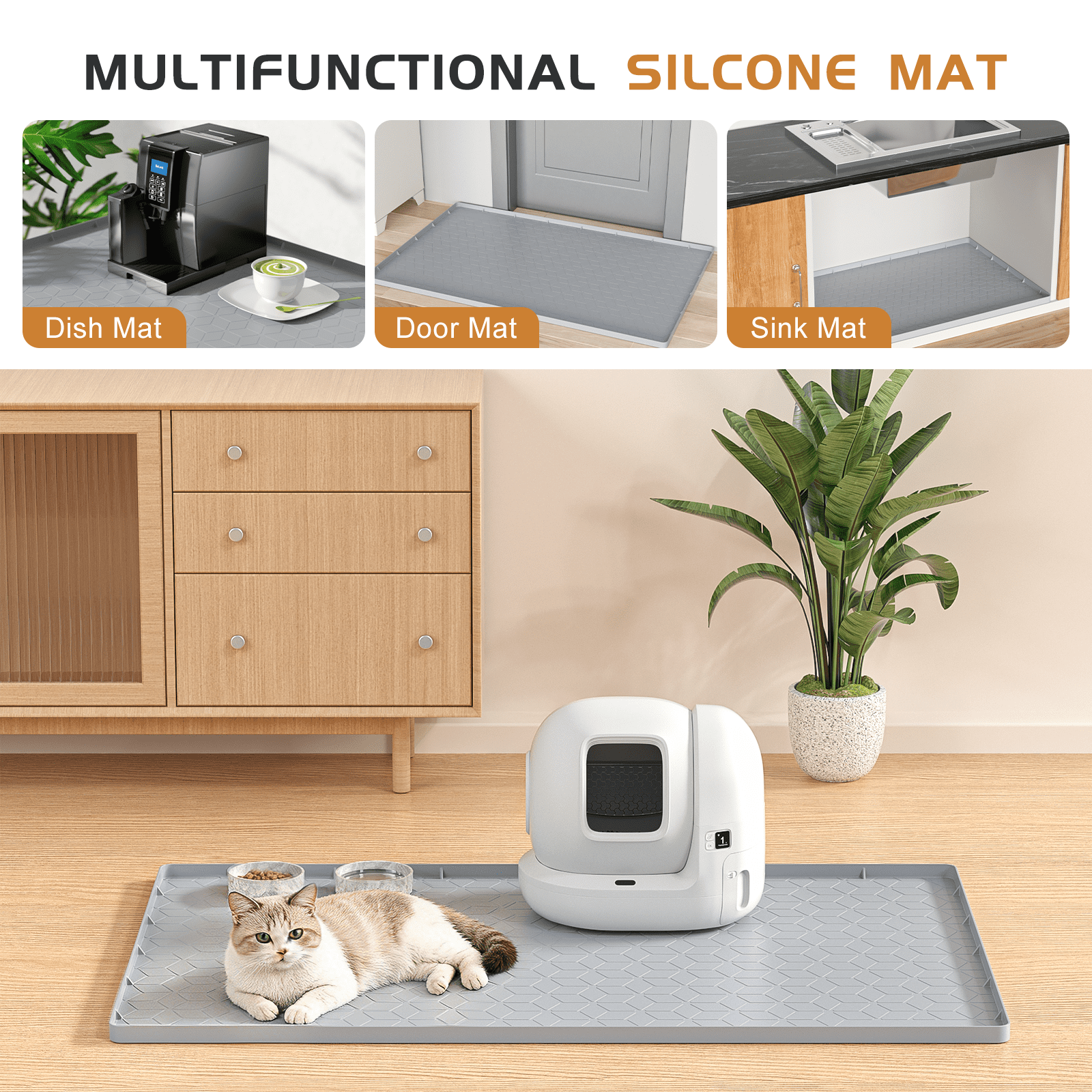 Cshidworld Cat Litter Box Mat, Large 34" X 22" Silicone Cat Mat for Litter Box, Waterproof & Non-Slip Pad for Floor, Easy to Clean Kitty Litter Pads for Indoor Cats, Gray
