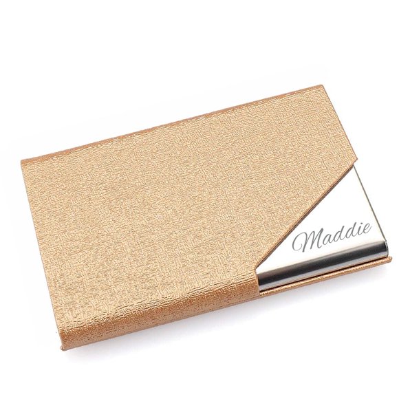 Personalized Gold Leatherette and Stainless Steel Personalized Business Card Case Holder Custom Engraved - Ships from USA