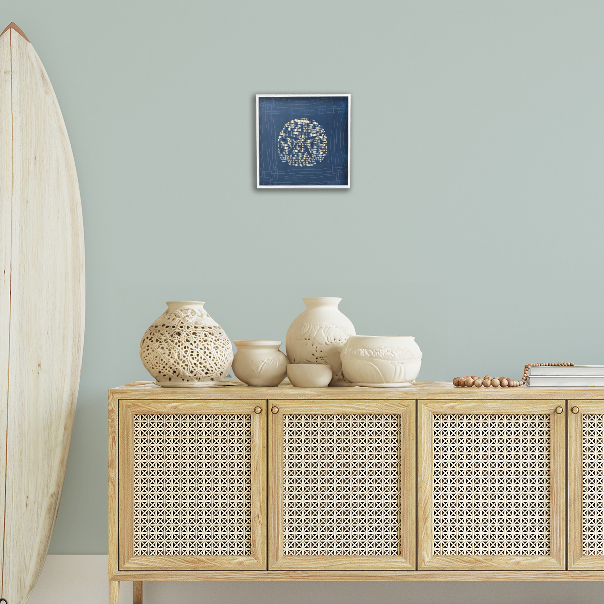 Stupell Industries Sand Dollar on Blue Coastal Painting White Framed Art Print Wall Art, 12 x 12