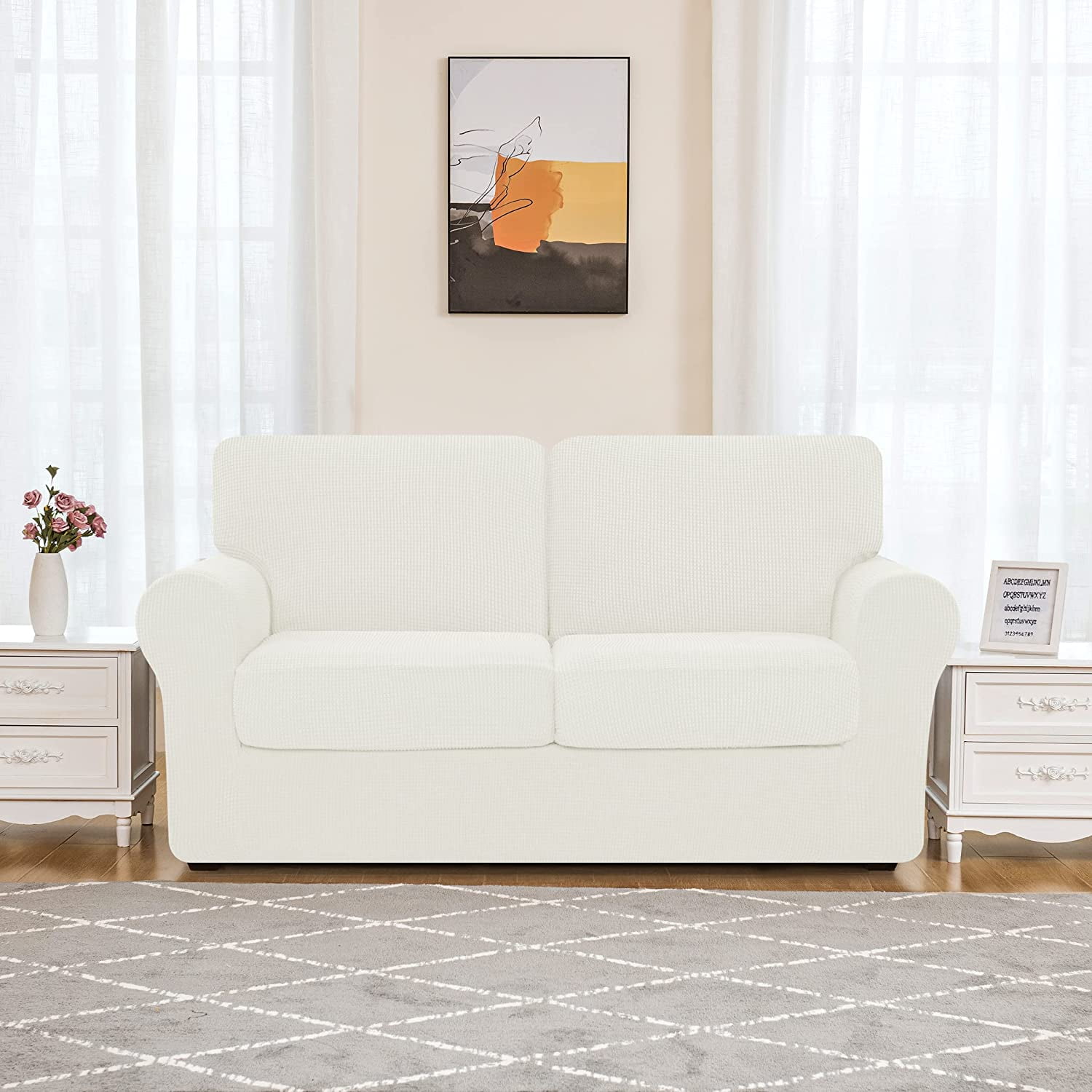 Subrtex Sofa Slipcover Sets 5 Pieces Stretch Couch Cover Backrest Cushion Covers (Loveseat, White)