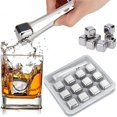 thumbnail image 1 of Cubitos de Hielo de Acero Inoxidable 304 Reutilizables Piedras de Whiskey Stainless Steel Chilling Ice Cubes para Bar y los Amantes del Whisky, Vino, Cerveza y Licores (Set de 12, incluye pinzas), 1 of 4