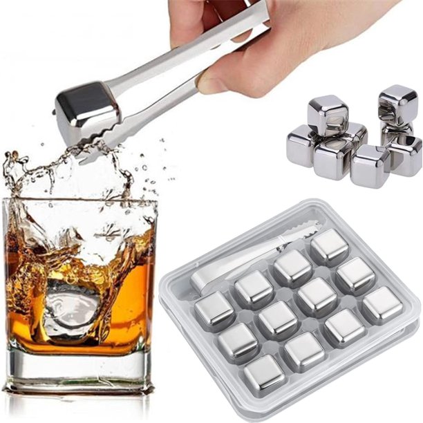 Cubitos de Hielo de Acero Inoxidable 304 Reutilizables Piedras de Whiskey Stainless Steel Chilling Ice Cubes para Bar y los Amantes del Whisky, Vino, Cerveza y Licores (Set de 12, incluye pinzas)