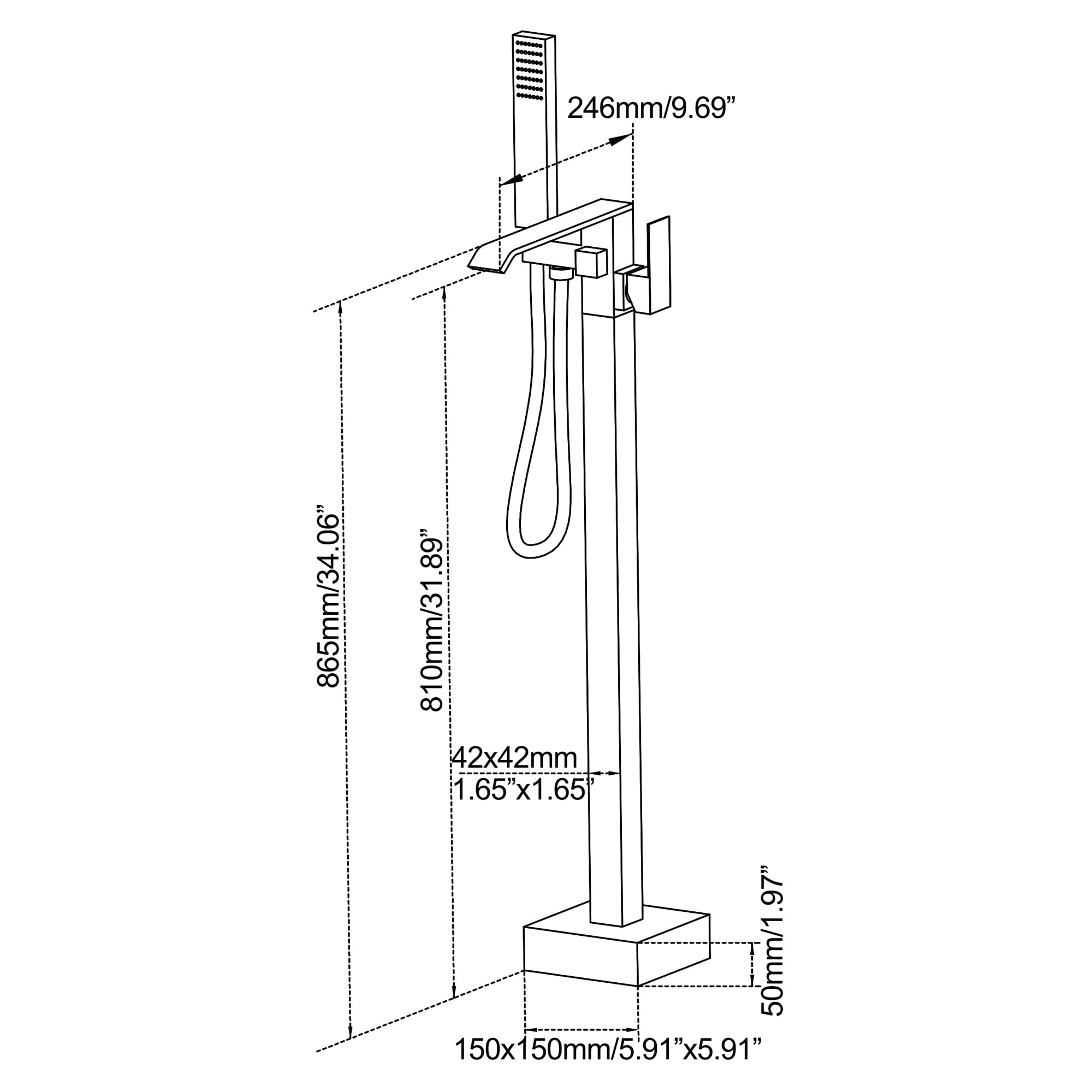 Wand Floor Mounted Bathroom Tub Filler with Hand Shower, Brass Freestanding Bathtub Faucet
