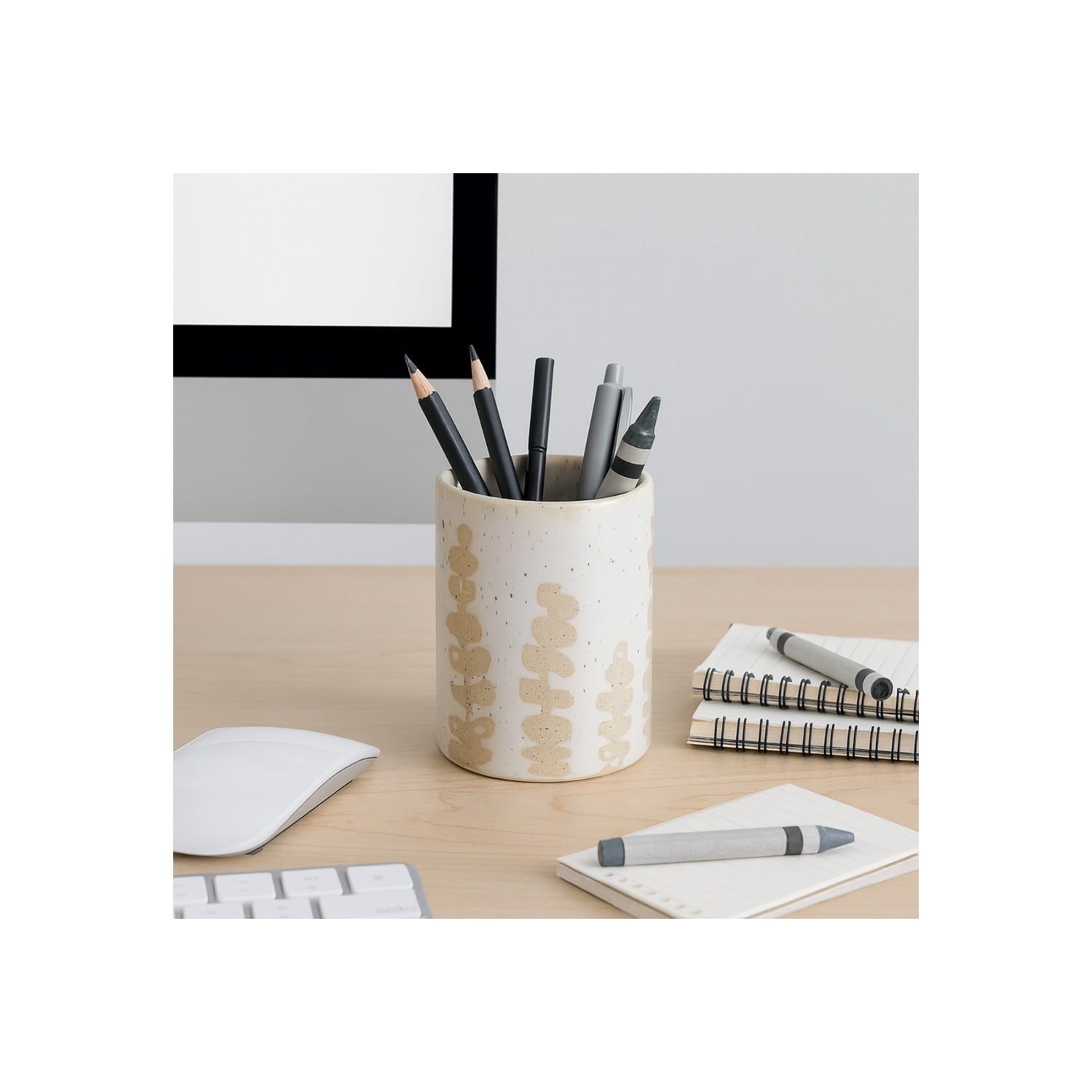 Decorative Desk Organizer with Wild Plant Print Design - Desktop Storage for Workspace Accent or Small Desk Decor - Functional Office Accessory for Bathroom, Bedroom, or Home Decor - 4", Tan & Ivory