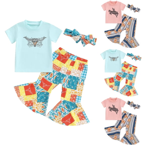 WUANDIXFA Kids Toddler Western Baby Girl Clothes Cow/Horse Print Short Sleeve T-Shirt Elastic Flare Pants Headbands Set (Sky Blue, 6-12 Months)