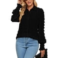 thumbnail image 1 of Camisa de punto suizo para mujer, puños fruncidos, botonadura única, cuello vuelto, blusa de ocio de manga larga abombada, 1 of 7