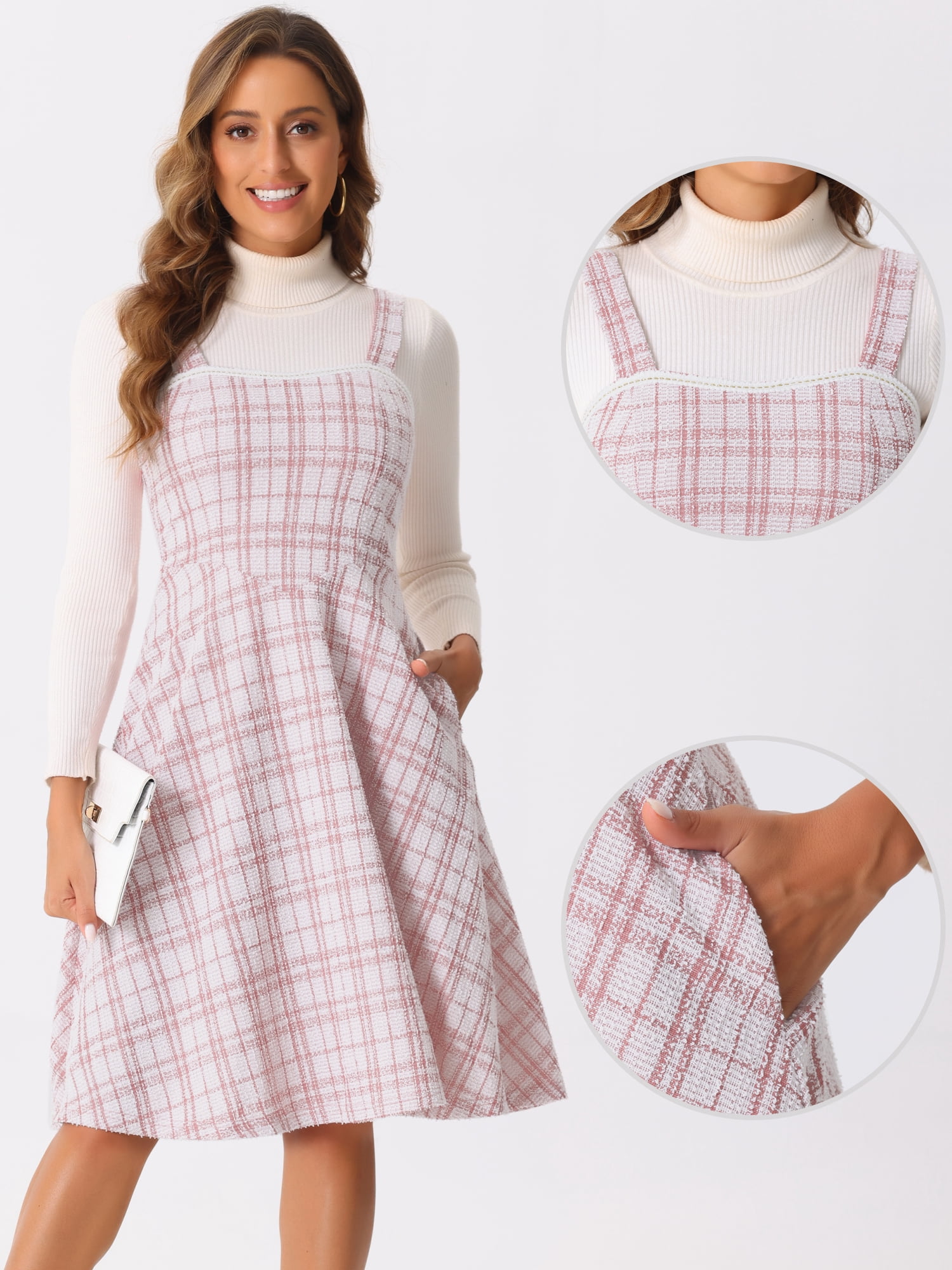 DARING DIVA Women's Sleeveless Square Neck Plaid A Line Pinafore Dresses XL Pink