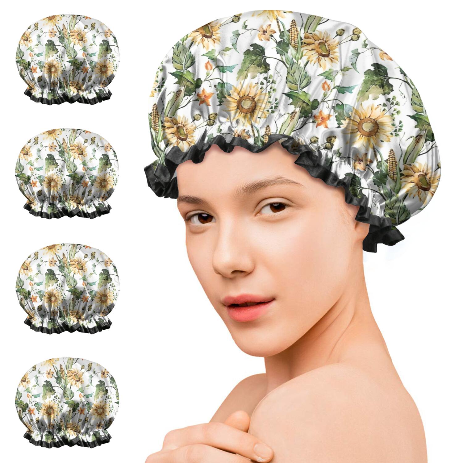 Shower Caps,Leaf Orange Flower Corn Sunflower Pattern Waterproof Shower Cap for Women 4 Pieces,Double Reusable Hair Cover for Shower PEVA Elastic Stretch Hem