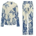 thumbnail image 6 of Blue Chinoiserie Toile Flowers Butterfly Bird Womens Pyjamas Set Button Up Pyjamas Womens with Long Sleeve Top And Wide Leg Pants V-neck Loungewear Sets, 6 of 9