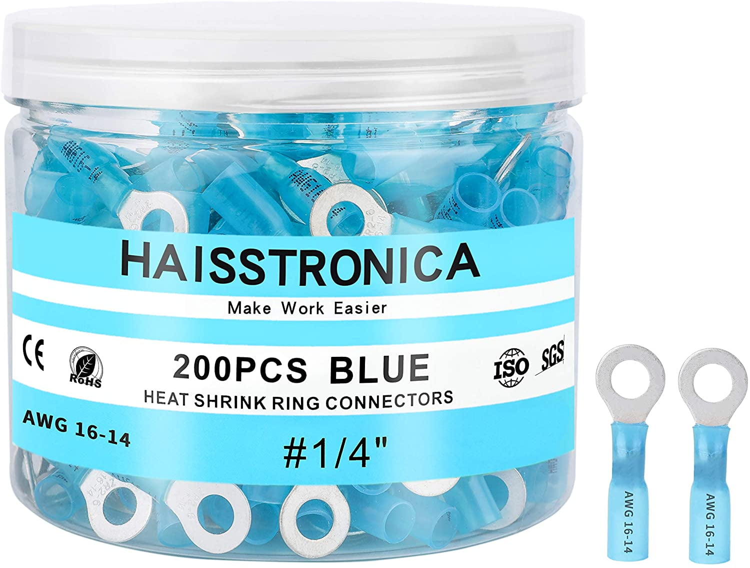 Haisstronica 200pcs 1/4 Blue Marine Grade Heat Shrink Ring Connectors-Tinned red Copper 0.7mm Ring Terminal Connectors-Heat Shrink Wire Connectors-Insulated Electrical Crimp Terminals 16-14 Gauge 