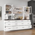 thumbnail image 2 of OXYLIFE 94.5" W Kitchen Pantry with Countertop,12 Drawers & 4 Glass Doors,Modern Wooden Cupboard Storage Cabinet for Dining Room,White, 2 of 11