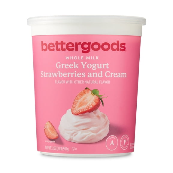 bettergoods Whole Milk Strawberries and Cream Greek Yogurt, 32 oz Tub