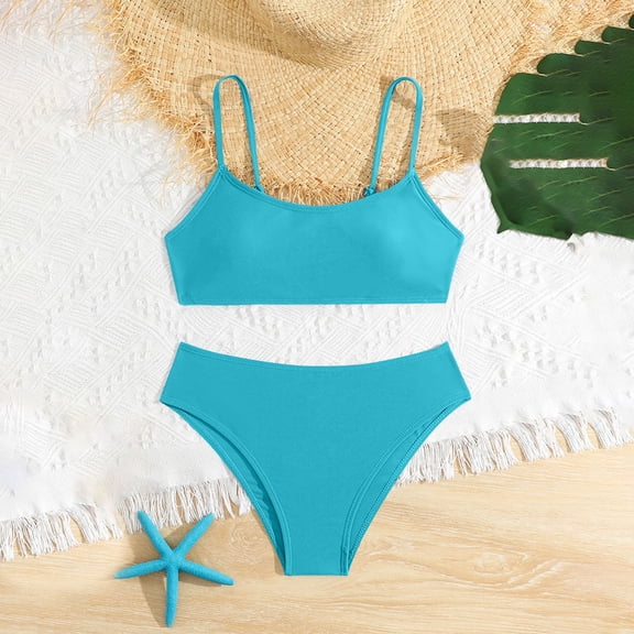 Amidoa Girls Swimsuit Solid Color Bathing Suit Two Piece Summer Swimwear,Light Blue,8Y