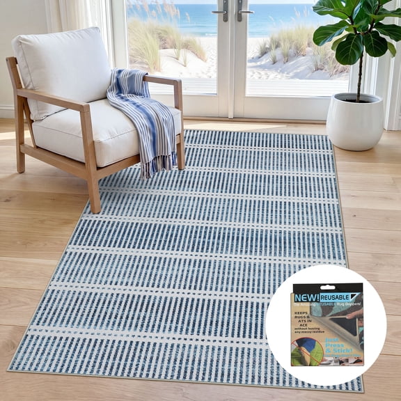 Fnova 3x5 Modern Washable Area Rug, Cute Coastal Non-Slip Striped Indoor/Outdoor Carpet, Oeko-Tex Certified, Blue