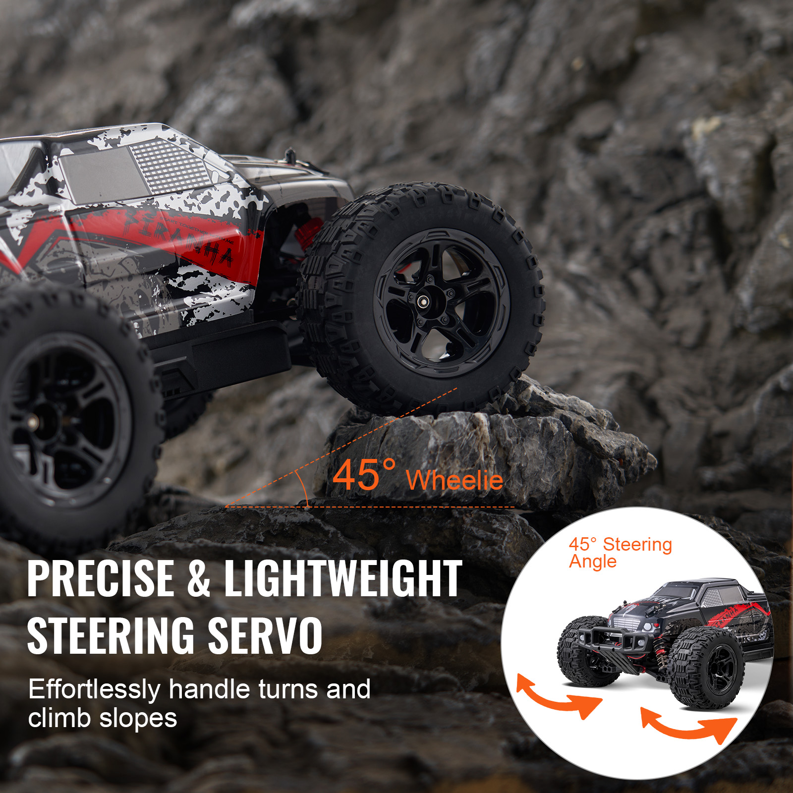 KFFKFF Wireless Operated Vehicle, RC Car in 1:10 Scale for Children, 4WD Monster Truck Capable of 45° Wheelie, Equipped with 2 Batteries, Capable of 38 km/h Speed - Perfect Present